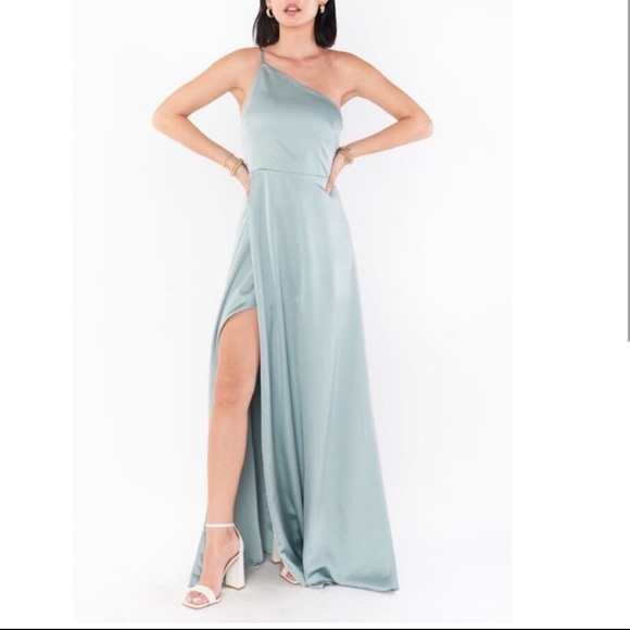 Show Me Your MuMu Dresses & Skirts - Show Me Your Mumu Shannon One Shoulder Maxi Dress NWT XS Silver Sage Satin Gown